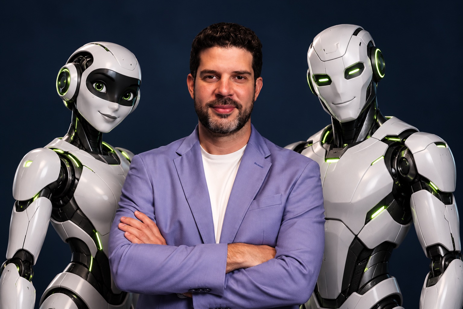 Myrko Micali, da DoubleX, em composição ilustrativa com dois robôs